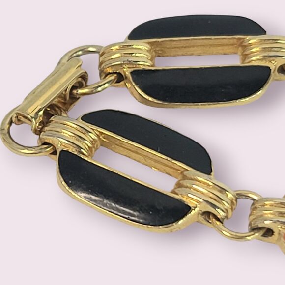 VTG Gold Tone Enamel Orange Black Link Rhinestone Necklace Estate Boho Fashion - Picture 3 of 4